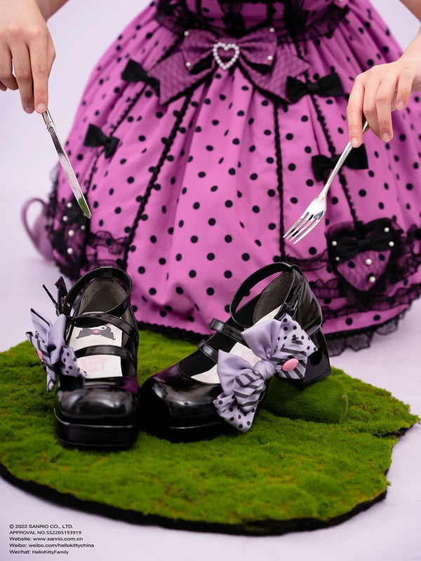 Sheep Puff Kuromi Sanrio Collab Lolita shoes featuring cute black and white design with character details, perfect for fashion.