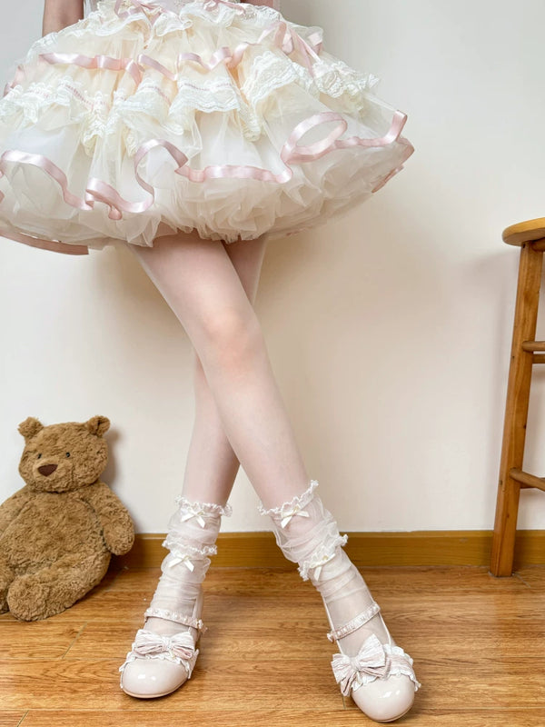 Sheer Lolita mid-calf socks with lace ruffles and ribbon bows