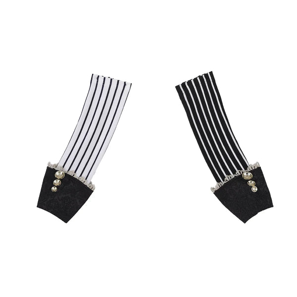 Black-and-white striped Lolita accessory pieces with lace trim, bows and pom-poms
