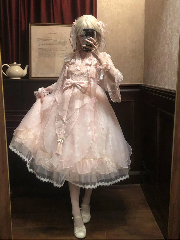 Pink layered JSK dress set with lace inner layer and headwear shown in mirror photographs.