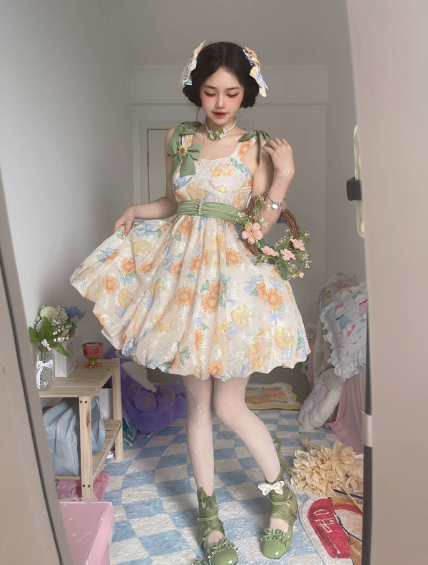 GZYRZ Quenched Sunflower Bud short JSK with sunflower print and sage green bows