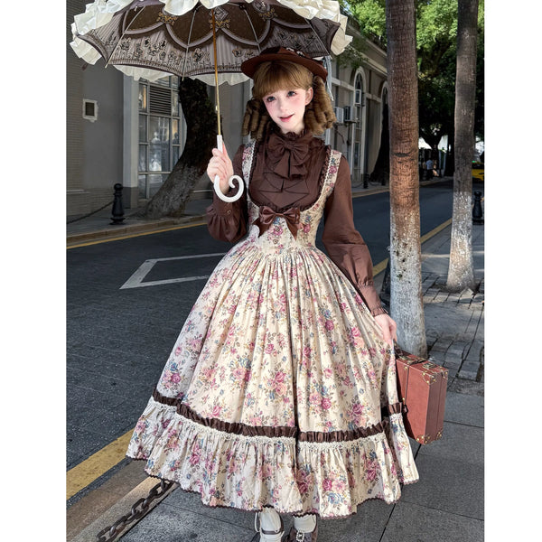 Cream floral Lolita dress with brown blouse and tiered skirt