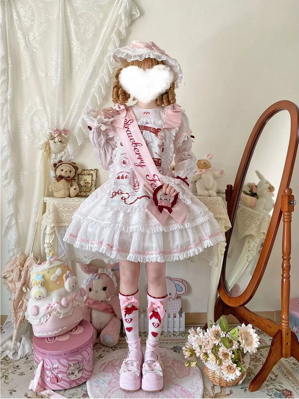 Pink Creamy OP set with strawberry-and-dessert print, bows and layered lace ruffles