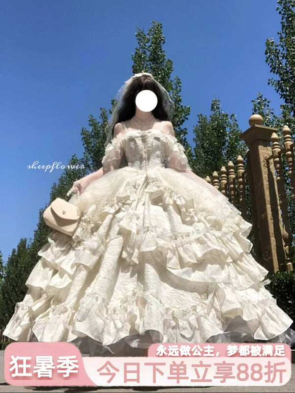 Flora Muse sweet lolita bridal ballgown in champagne, featuring off-shoulder neckline, jeweled bust bow, and layered tulle skirt