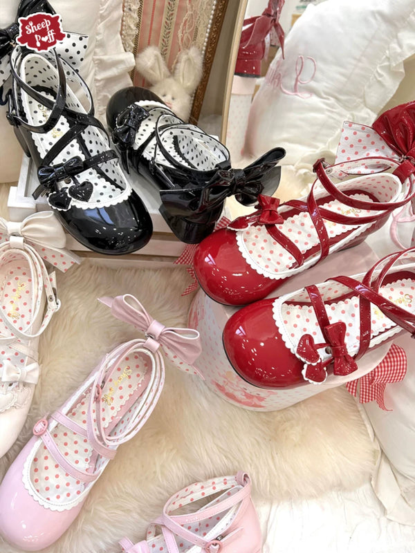 Sheep Puff Little Cherry Lolita shoes with low heels, featuring a cute sheep puff and cherry design, perfect for stylish footwear.