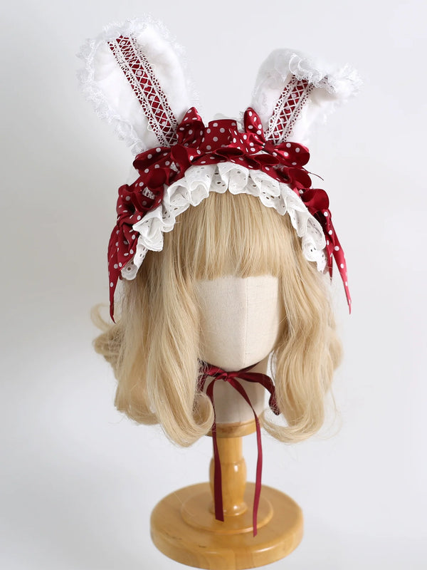 Xiaogui - Sweet Lolita Polka Dot Lace Hairband - Shapeable Bunny Ears Headwear