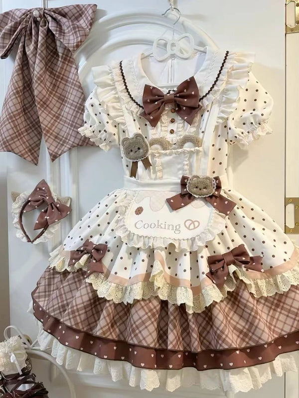 Brown Bubble Bear Little Bear Baker OP dress, sweet Lolita style with baking theme details