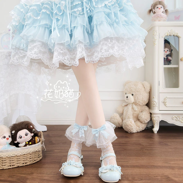 Light pink Sweet Lolita polka dot bow mid-calf socks with lace trim