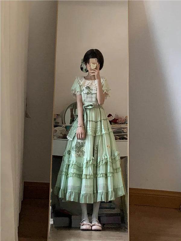Green grape embroidered Sweet Lolita tiered OP dress with lace-trimmed square neckline and puffed short sleeves