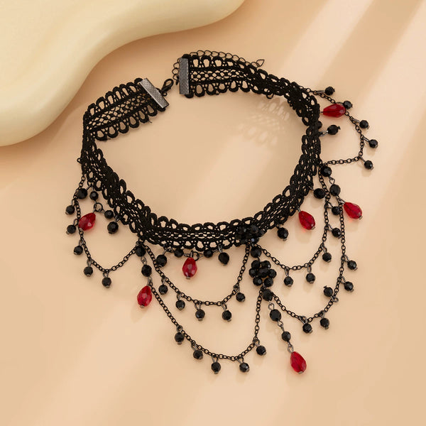 Independent Brand - Crystal Fringe - Black Lace Choker Necklace with Red Crystal Drops