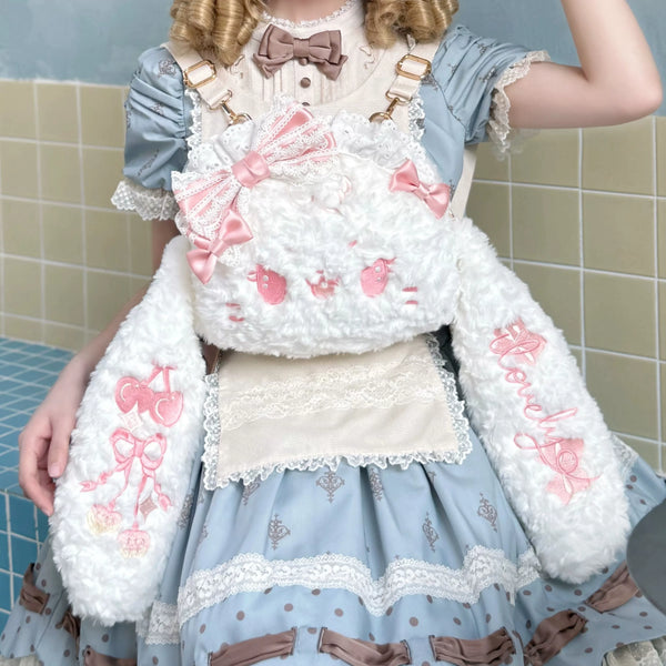 White plush rabbit backpack with lace edging and pink bows shown on a model.