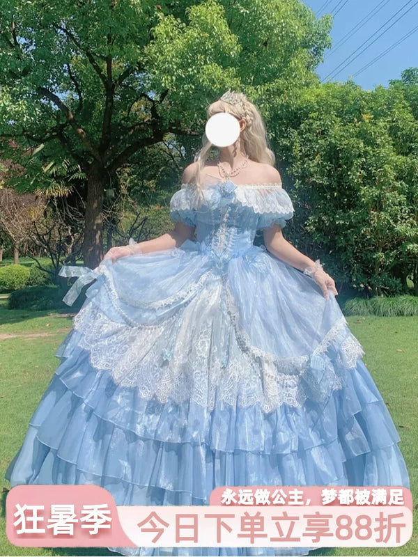 Flora Muse blue lolita evening gown with off-the-shoulder lace trim and tiered skirt