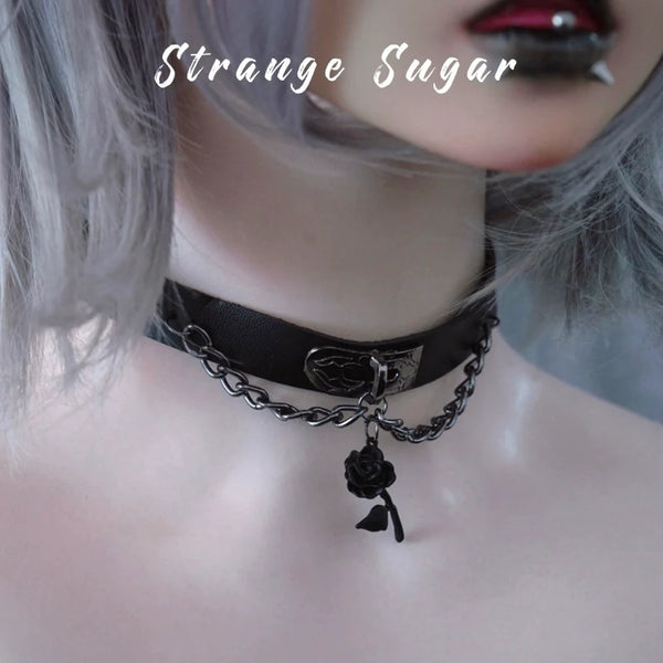 Strange Sugar - Gothic Lolita Choker Faux Leather - Rose Pendant Necklace Neckwear