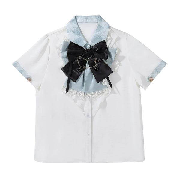 White and light blue Your Princess Ouji Lolita blouse and decorative sash with bow, cards, and charms