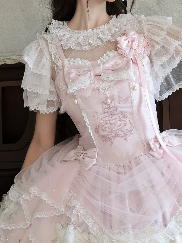 White lace-collar short-sleeve Lolita inner top layered beneath a pink dress.
