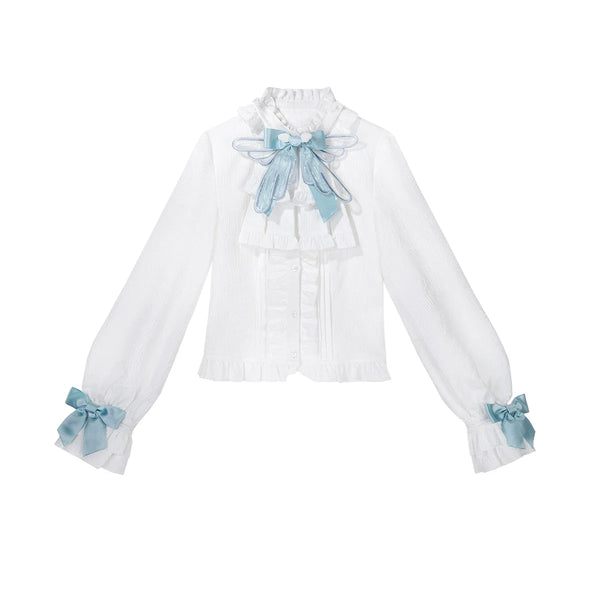 White and light blue Ouji Lolita outfit set with ruffled blouse, blue bows and suspender shorts