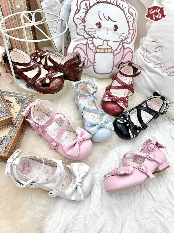 Sheep Puff Lolita shoes with mid-low heels and sheep puff detailing, stylish shoes perfect for vintage or cosplay outfits.