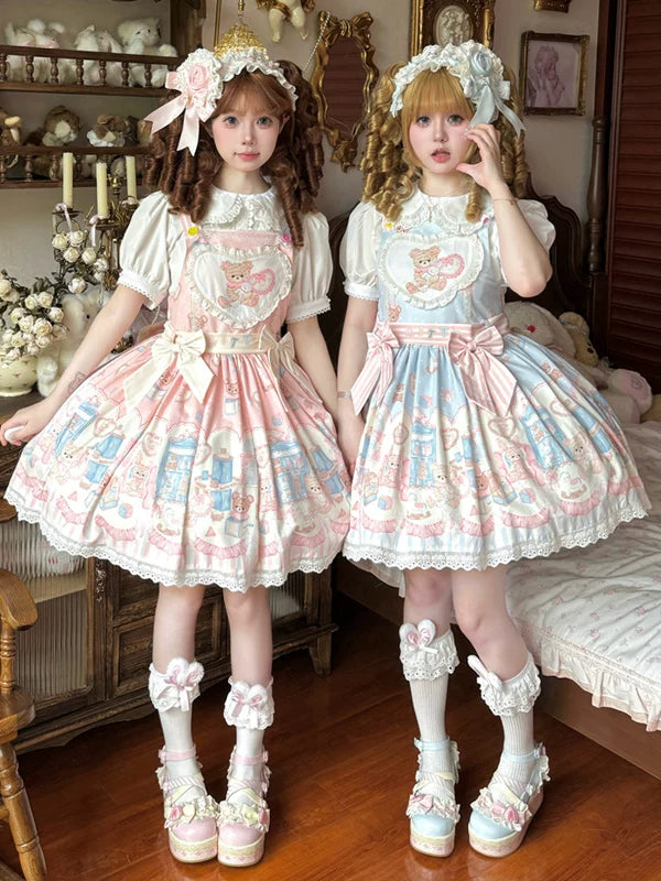 Sweet Lolita jumper skirt with teddy-bear motifs and lace trim