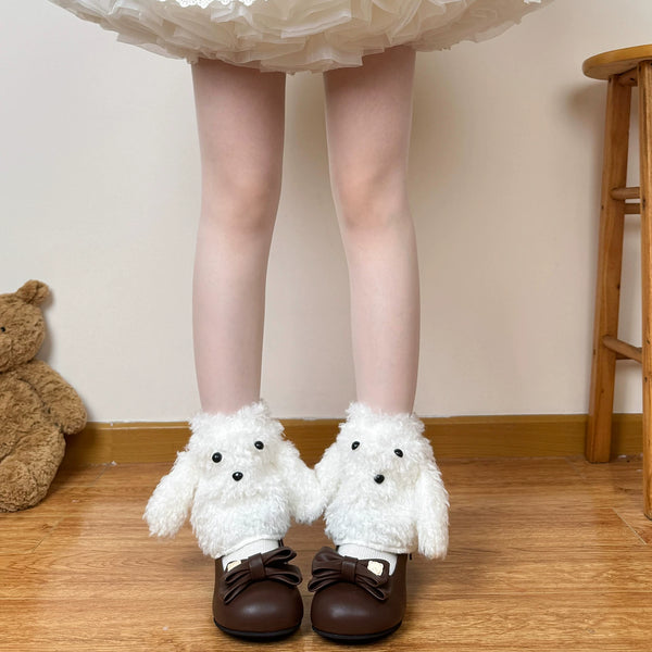 White and coffee curly puppy-face plush leg warmers styled with ruffled Lolita skirts and bow shoes.