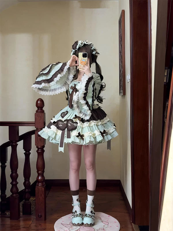 Mint and brown Lolita JSK dress set with layered ruffles and hime-sleeve vest