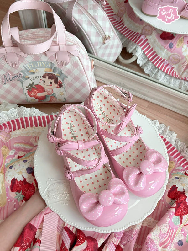 Sheep Puff vintage polka dot Lolita shoes with mid-low heels, featuring a cute sheep puff design and classic style.