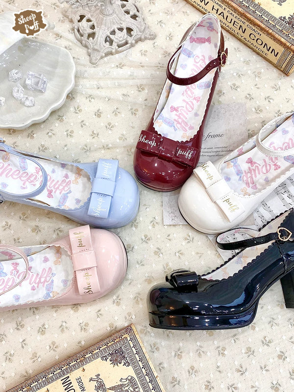 Sheep Puff Souffle Bow Lolita Heels featuring white puffed shoe with a large bow and adorable sheep design, stylish and cute footwear.