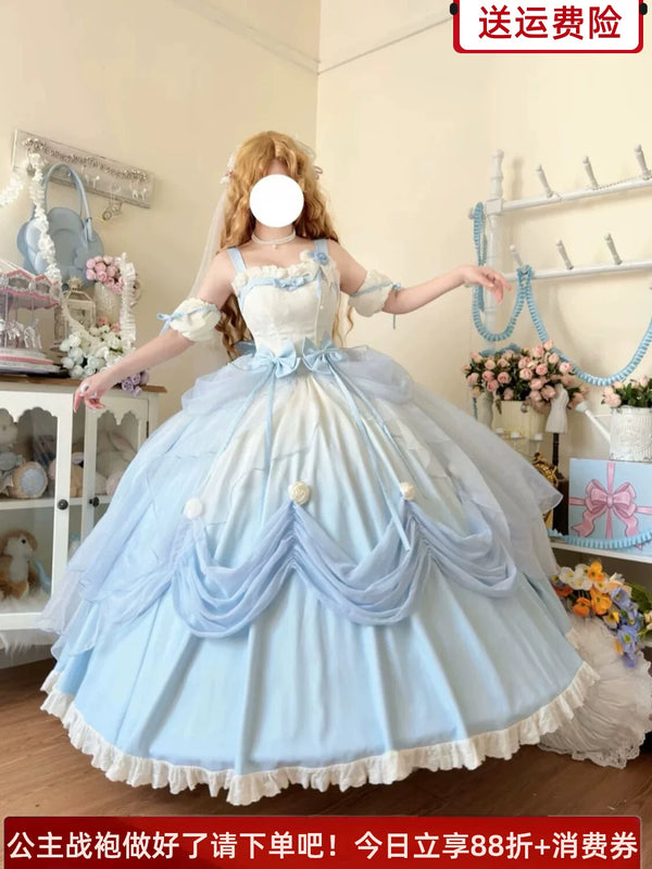 Emoji Dream True Love's Kiss gradient blue lolita OP dress, front view without petticoat
