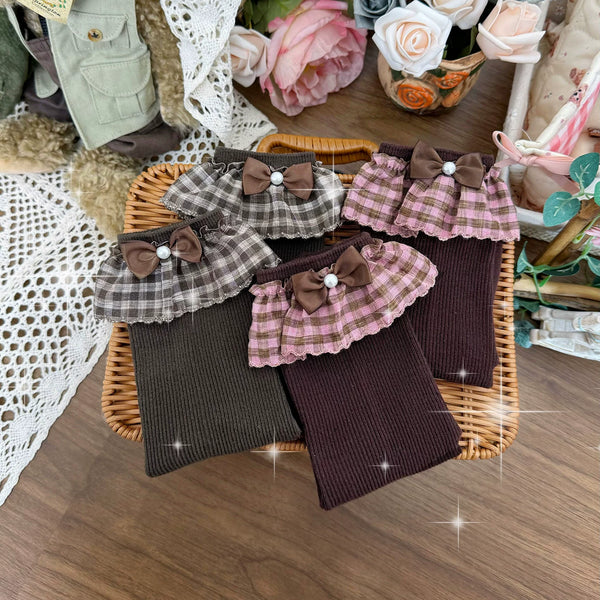 Floral Milk Cat Afternoon Sugar mid-calf socks in brown and pink plaid with bow cuffs