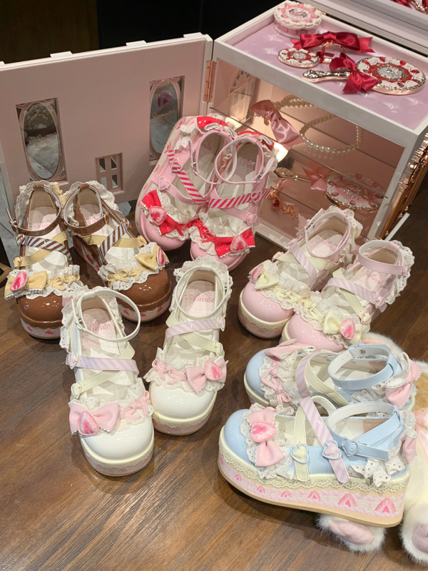 Aimee Strawberry Limited Edition Lolita Fetch platform shoes with sweet strawberry design and cute, colorful accents.