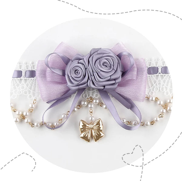 Independent Brand lace collar necklace with roses, bows, pearls and a gold-tone bow charm
