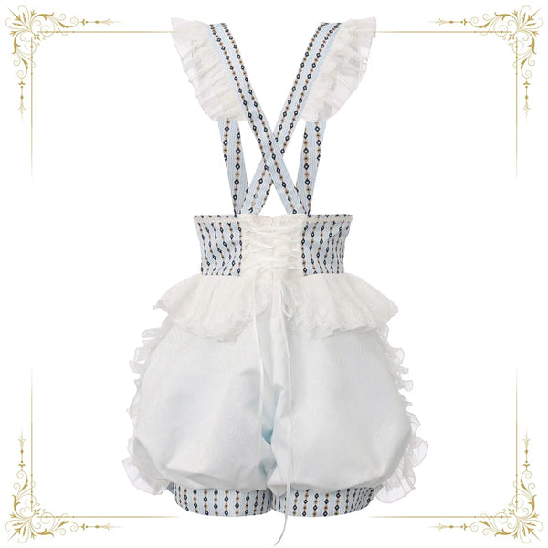White Ouji Lolita lantern shorts with argyle-print straps and layered lace trim.