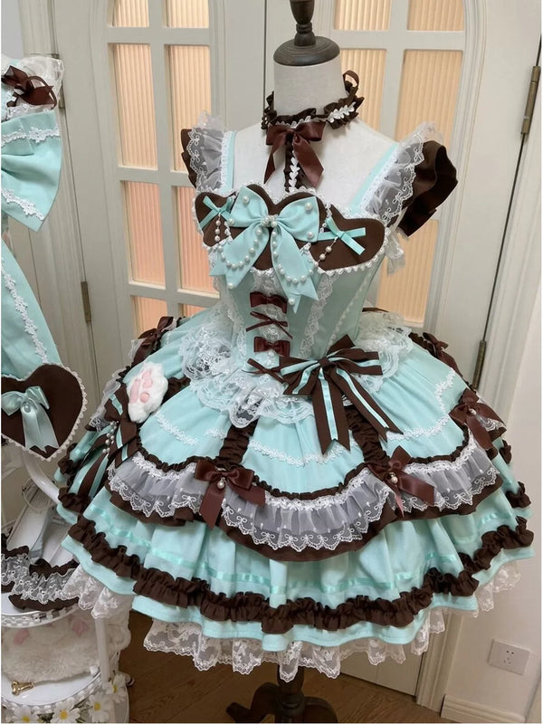Mint and chocolate JSK dress set with train, bows, lace and layered ruffles