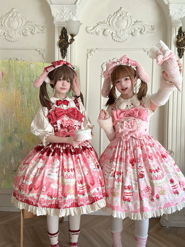 Red Sweet Lolita strawberry cake print jumper skirt with satin bows and lace trim