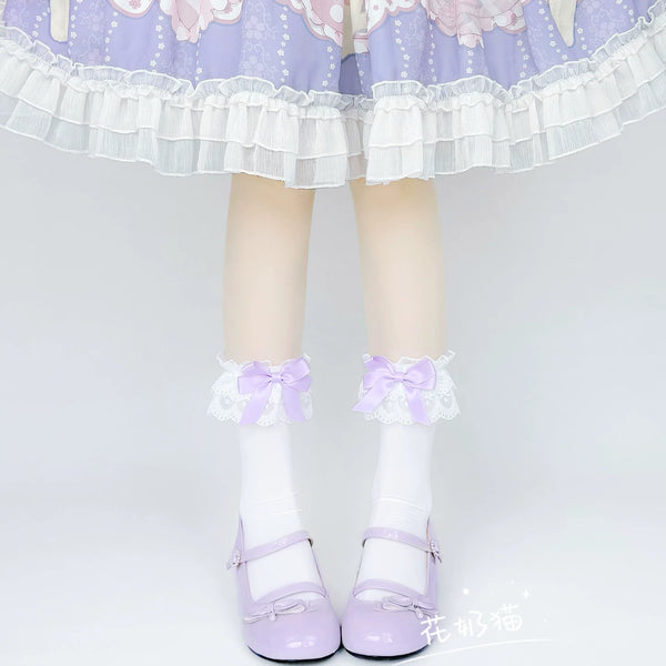 Pink Sweet Lolita mid-calf sock with lace trim and satin bow