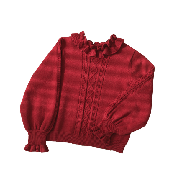 Dark red knit sweater with ruffle collar, puff sleeves and ruffle cuffs.
