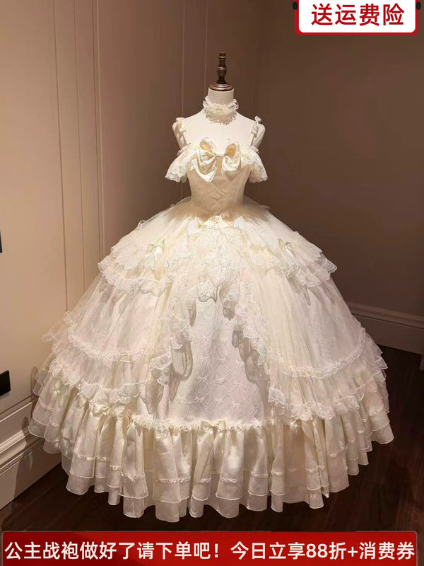 Apricot Emoji Dream formal Lolita off-shoulder tiered gown, front view