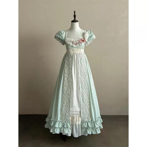 Creamy - Forest Empire - Green One-Piece Dress with Lace-Trimmed Panels