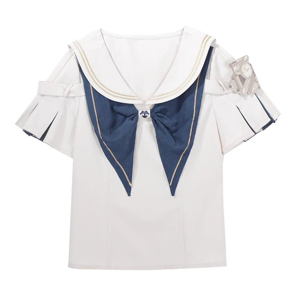 White sailor-collar shirt and navy suspender shorts with a blue-and-white striped trailing.