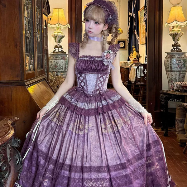 Lady Han Misty Vineyard Classic Dress by Lolita Fetch, featuring a floral pattern and elegant design, shown on a model.