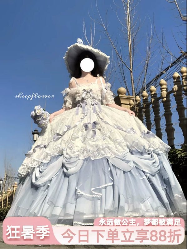 Blue-white Flora Muse Lolita formal gown with off-shoulder puffed sleeves and tiered tulle skirt
