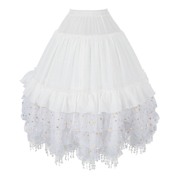 White layered Lolita petticoat with lace and star-patterned tiers
