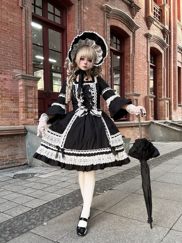 TaTaTa Lolita - First Otome - Black Old School Lolita OP Dress, Lace Details