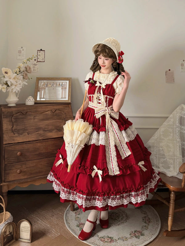 Classical Lolita JSK in deep red with cream lace trim and tiered skirt