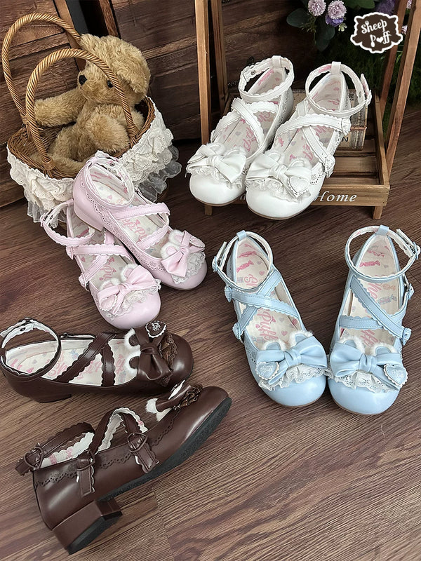 Sheep Puff Little Bear Sister Lolita Shoes featuring cute bear embroidery and pastel colors, perfect for children's fashion.