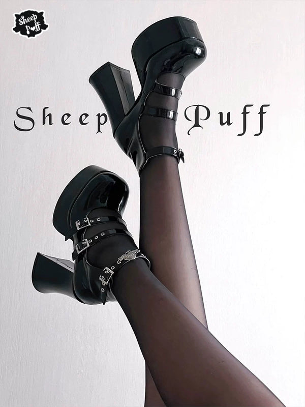 Sheep Puff Broken Angel Lolita Heels shoes with decorative bows and intricate detailing, styled with a delicate vintage-inspired design.
