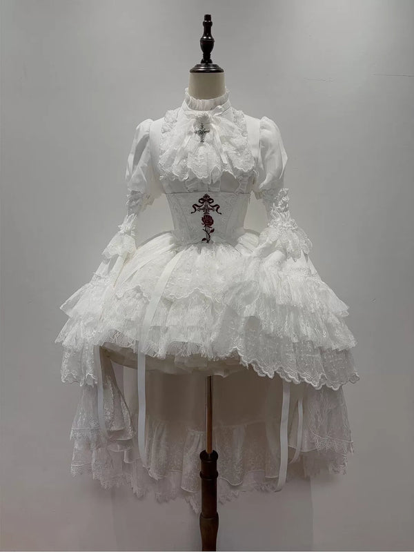 White blouse and waist-corset skirt set with lace details and detachable sleeves