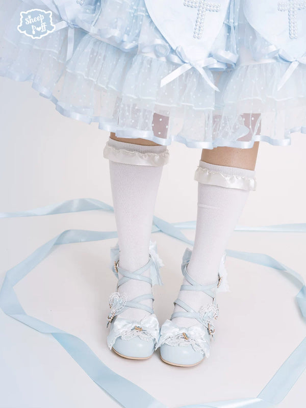 Sheep Puff Little Love Song mid heel Lolita shoes in pastel pink with bow accents and decorative sheep puff details.