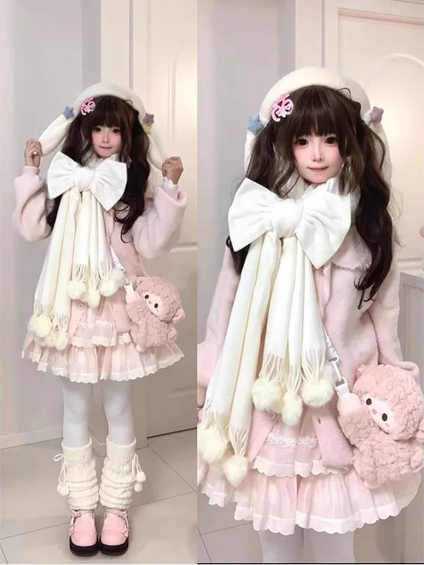 Pale pink cardigan, layered skirt and oversized ivory bow scarf three-piece set