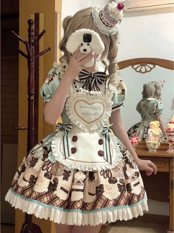 Sweet Lolita OP dress with peppermint chocolate and teddy bear print, heart-shaped apron, and striped neck bow