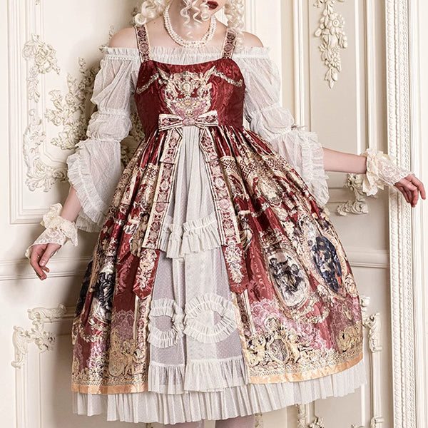 Model wearing a sheer point-dot inner blouse beneath an ornate Lolita dress.